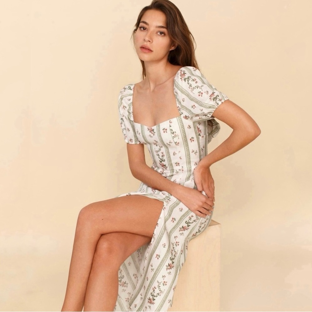 Reformation Denver Dress Linen Midi in Heath Tie Back Puff Sleeve Floral 8